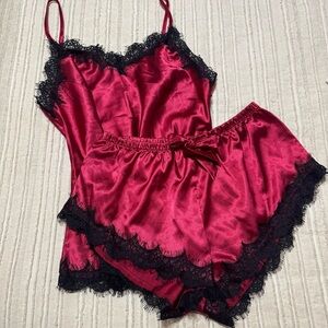 Elegant Burgundy Lace Trim Satin Pajama Set